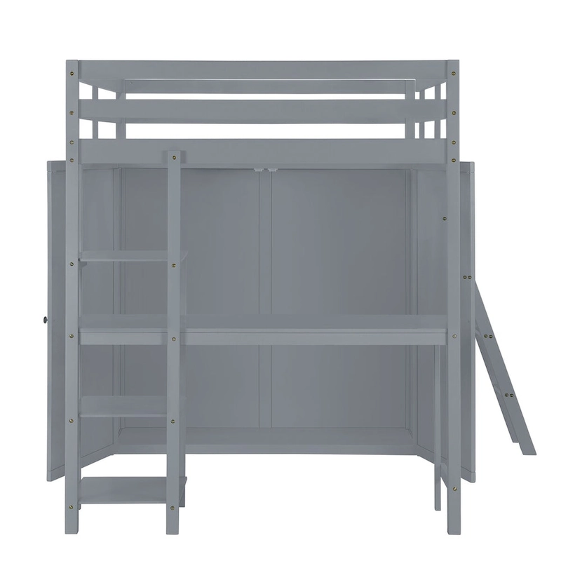 Gray Full Size Loft Bed with Wardrobe and Desk and Shelves