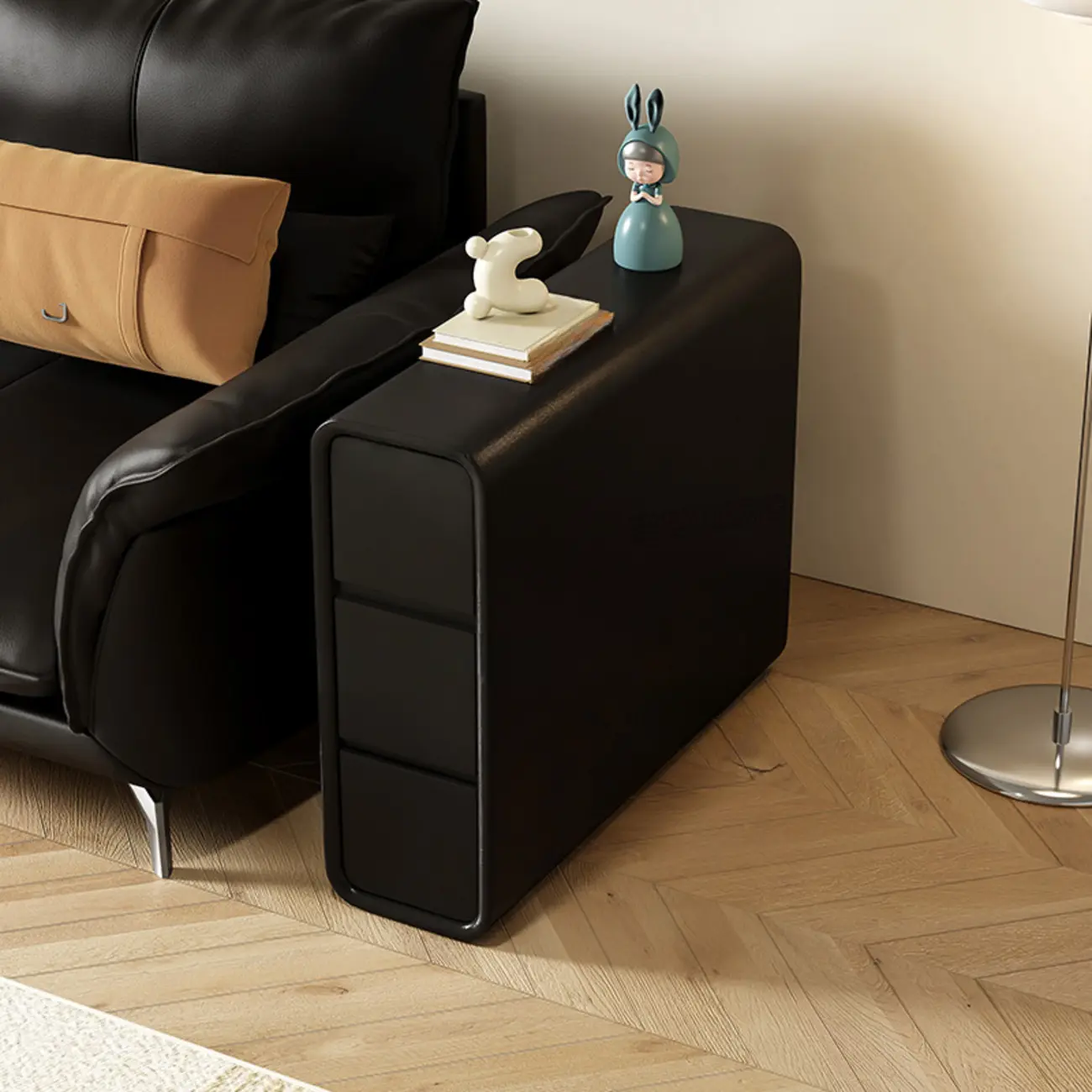 Sleek Rectangular Leather White 3 Drawers Narrow Side Table