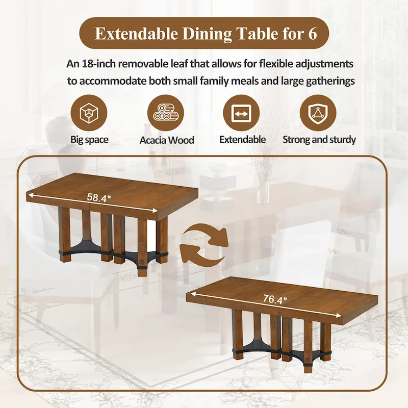 7-Piece Rustic Dining Set with Extendable Table & 6 Chairs