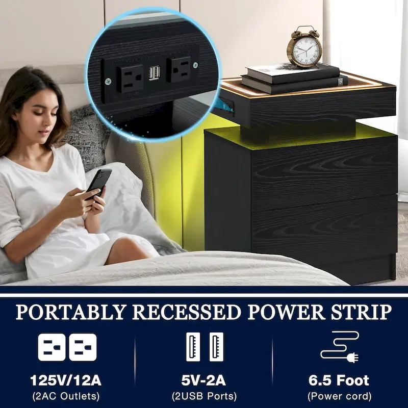 EROMMY LED Nightstand with Charging Station, Floating Bedside Table with Drawers and RGB Lights