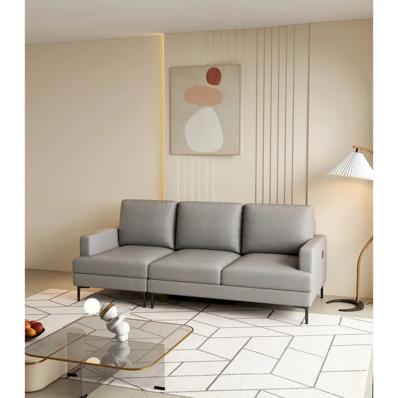 77 Genuine Leather 3 Seater Sofa Couch with USB Charger, High-Resiliency Cushions and Black Metal Legs