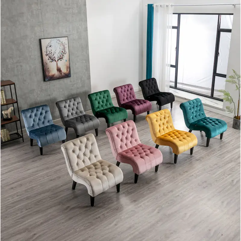 Beige Velvet Accent Chair with Button Tufting and Wooden Legs