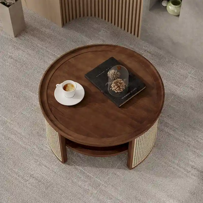 2-Tiered Round Walnut Wood Coffee Table
