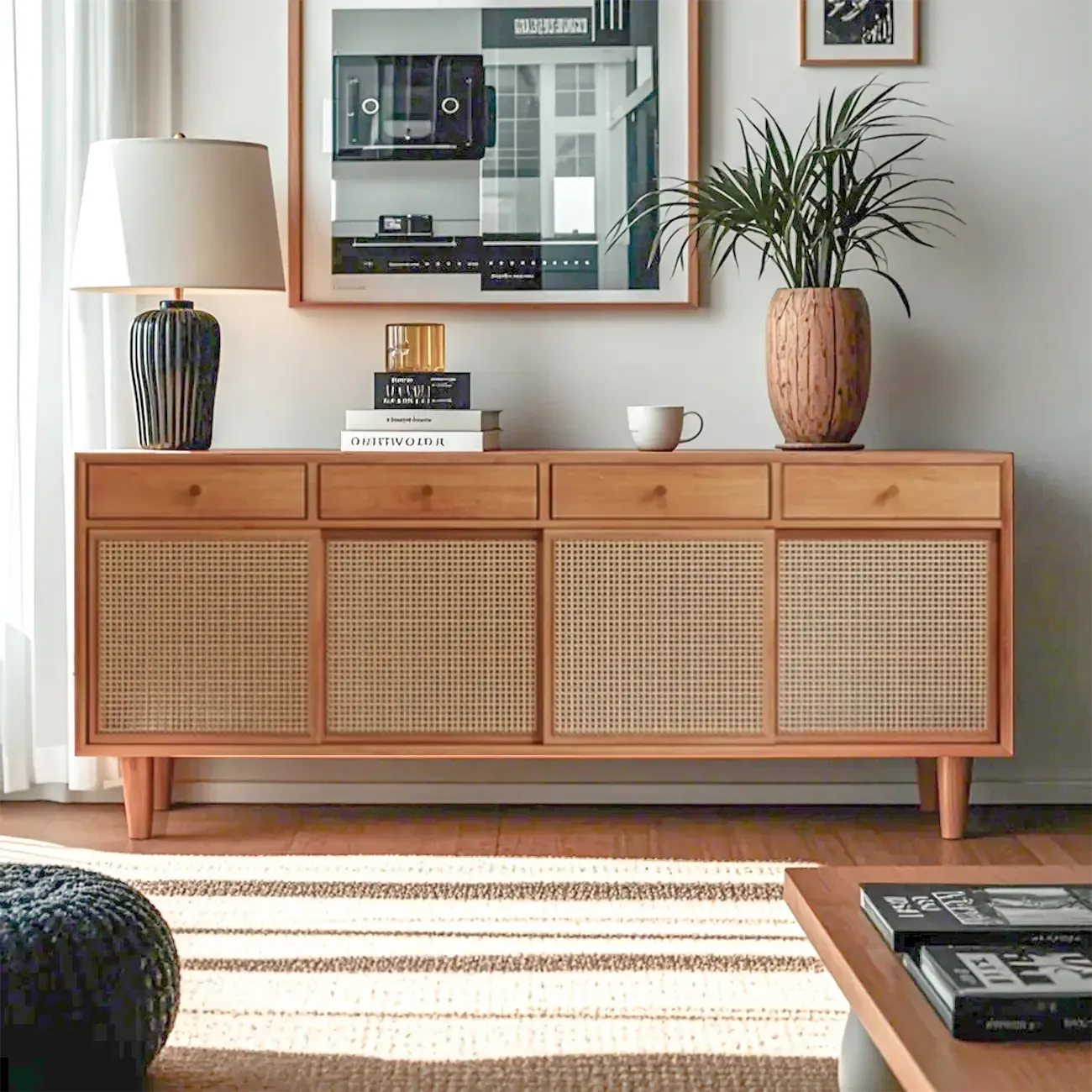 Nordic Minimalist Rattan Cabinet with Free-Standing Design