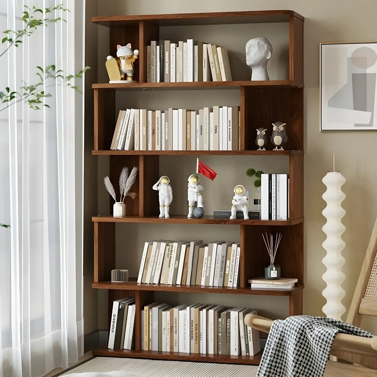 Tall Modern Walnut Open Back 6-Shelf Wood Bookcase