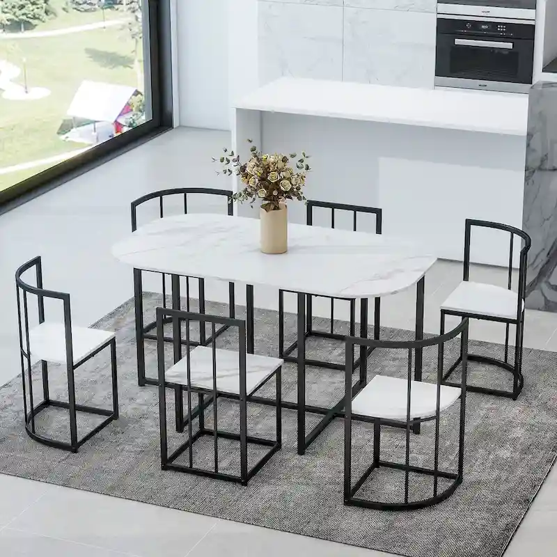 Modern 7-Piece Metal Frame Dining Table Set with Half-Round Table & 6 Chairs