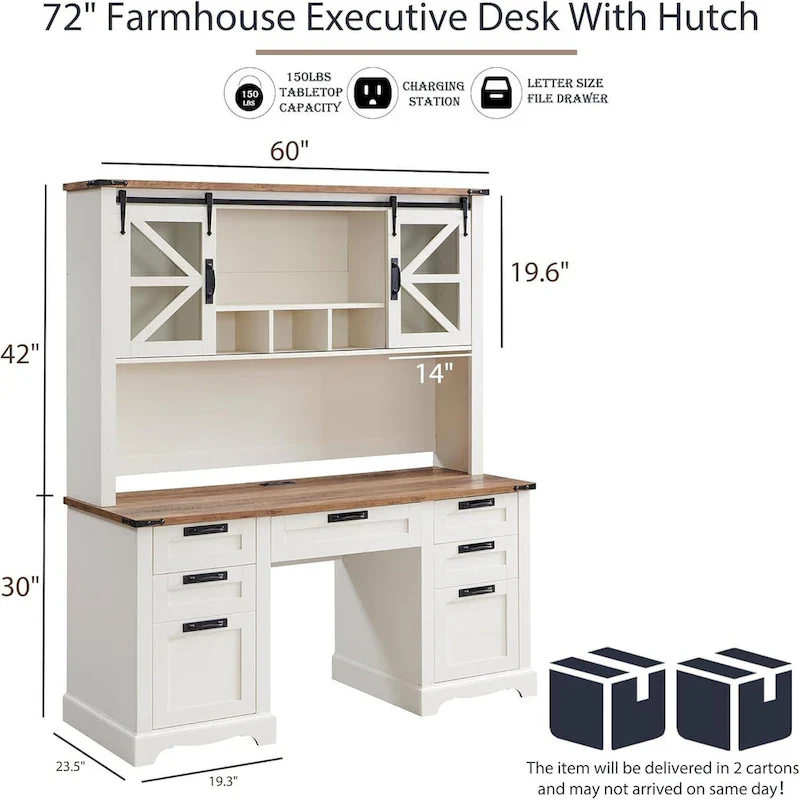 Farmhouse Desk, Wood Home Office Executive Desk with Charging Station