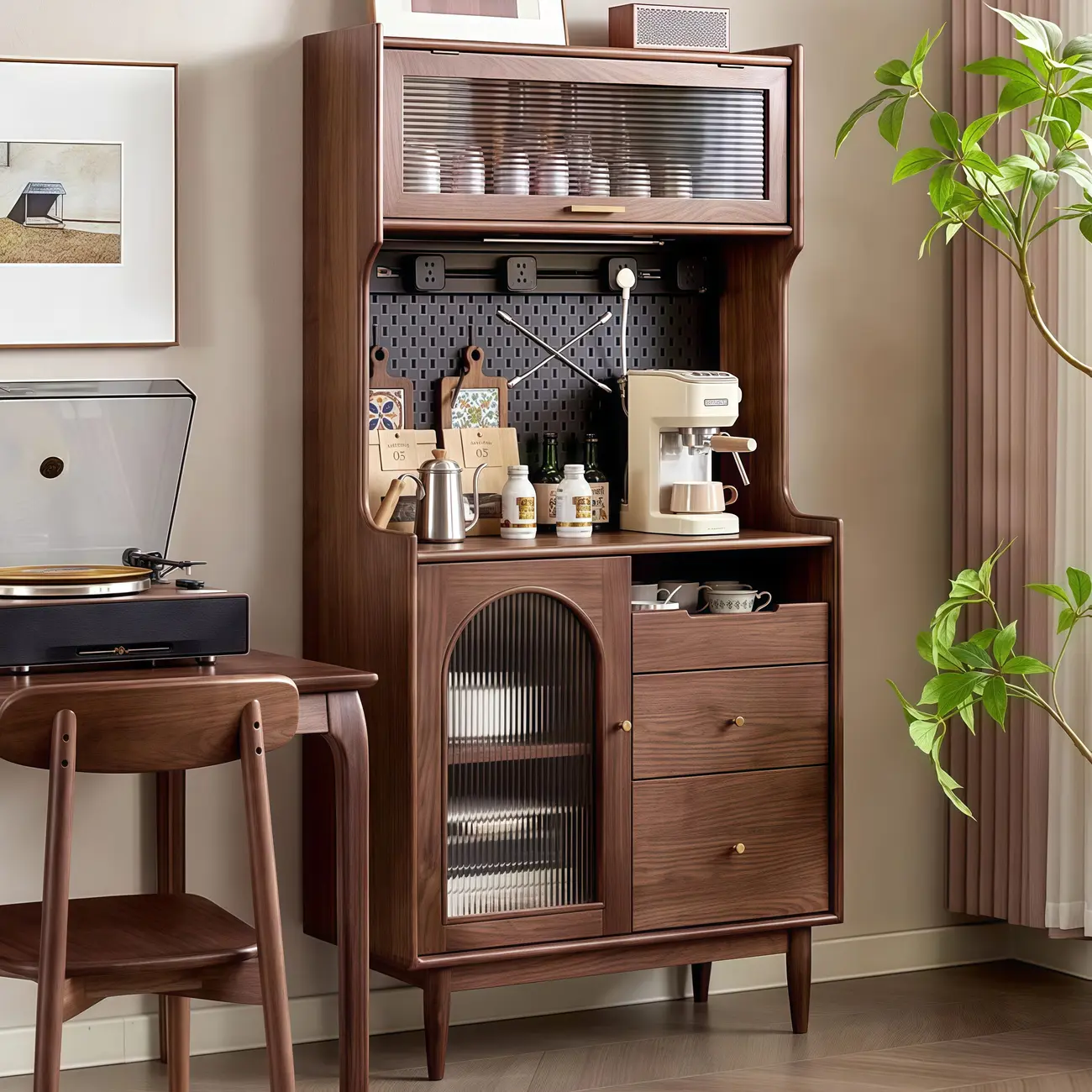 Lighting Brown Wooden Kitchen Buffet Cabinet with Hutch