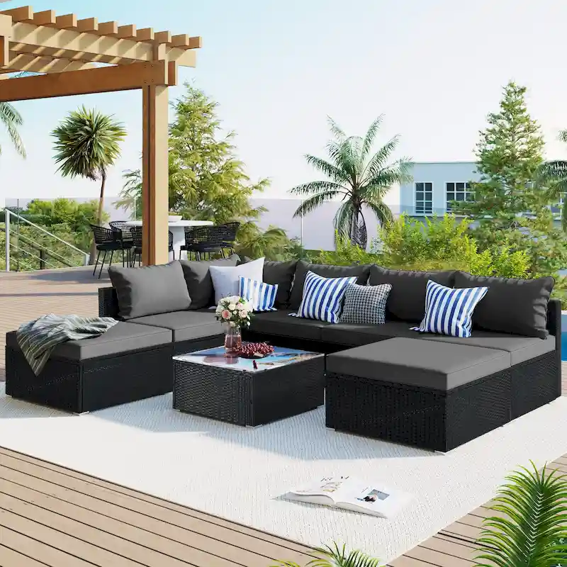 Modern 8-Piece Modular Outdoor Wicker Sofa Set with 1 Coffee Table and 2 Ottomans, Suitable for Outdoor Patios Backyards Gardens