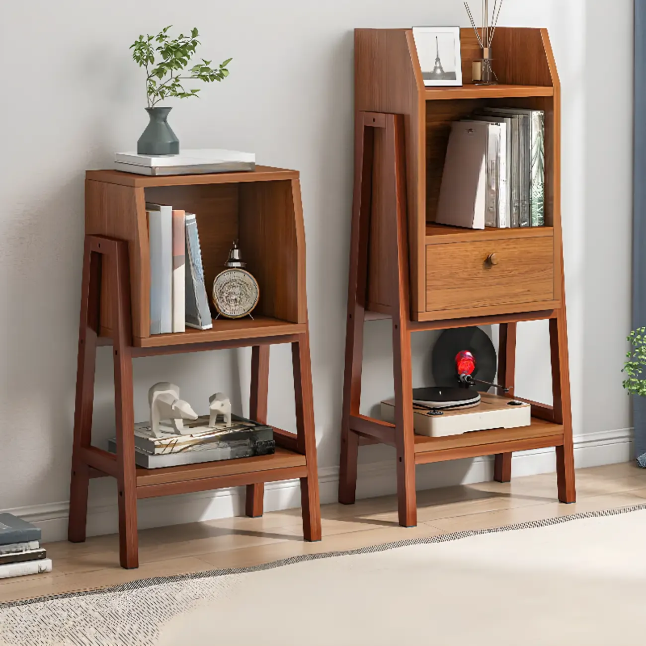 Narrow 2-Tier Natural White Wooden Ladder Bookcase