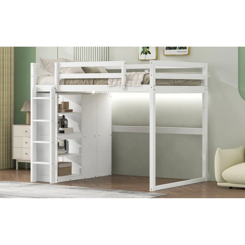 Full Size Wood Loft Bed with Built-in Wardrobe and Storage Shelves, Led light