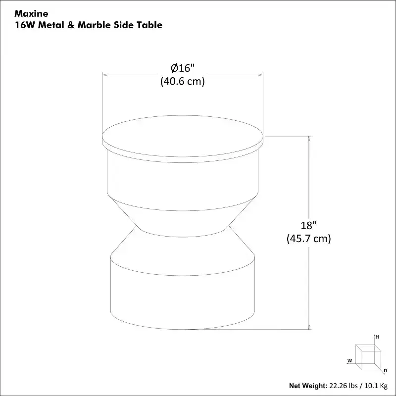16 inch Wide Genuine Marble Top Modern Metal End Table in Black/White, Assembled