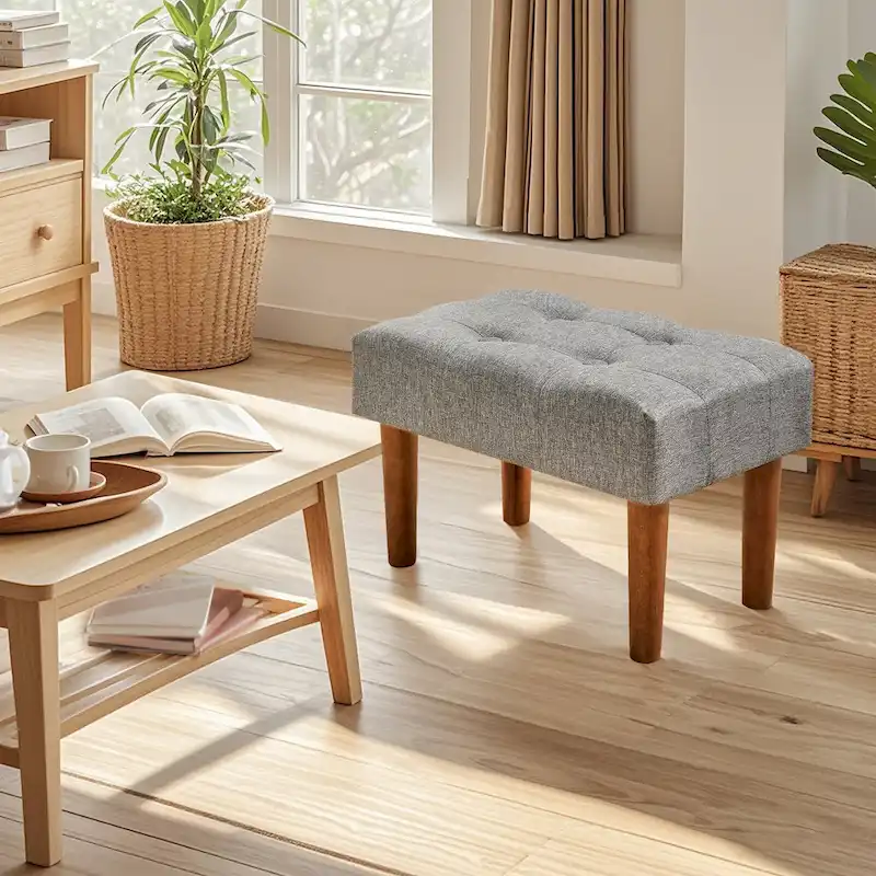 2 Pcs Small Foot Stool Ottoman, Linen Ottoman Foot Rest with Legs, Rectangle Upholstered Footrest