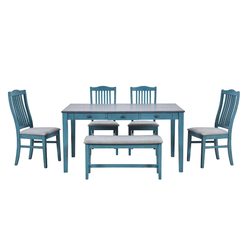 6-Piece Wooden Dining Table Set with 4 Chairs & Bench, Table with Drawer