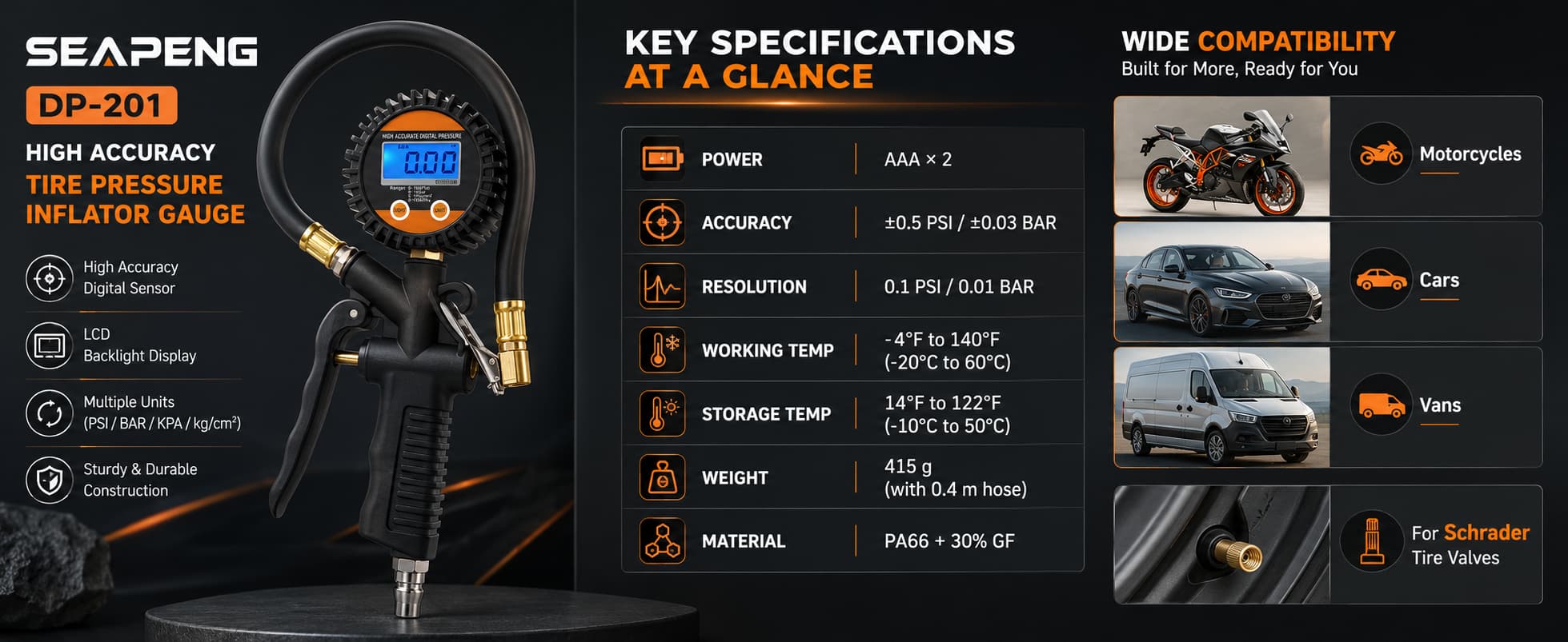 SEAPENG DP-201 handheld digital tire pressure gauge with hose and pistol grip handle