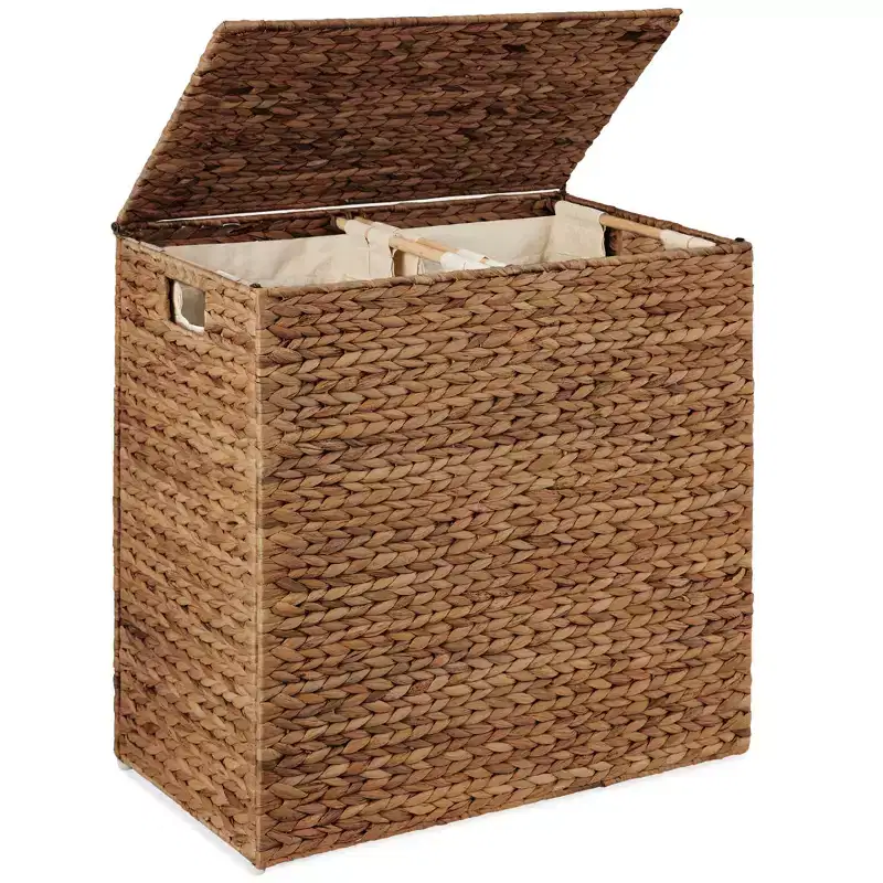 Best Choice Products Large Natural Water Hyacinth Double Laundry Hamper Basket w/ 2 Liner Bags, Handles