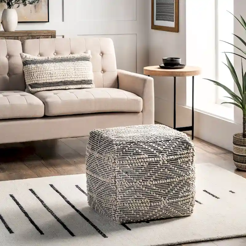 Nuloom Cotton Textured Trellis Ottoman Pouf