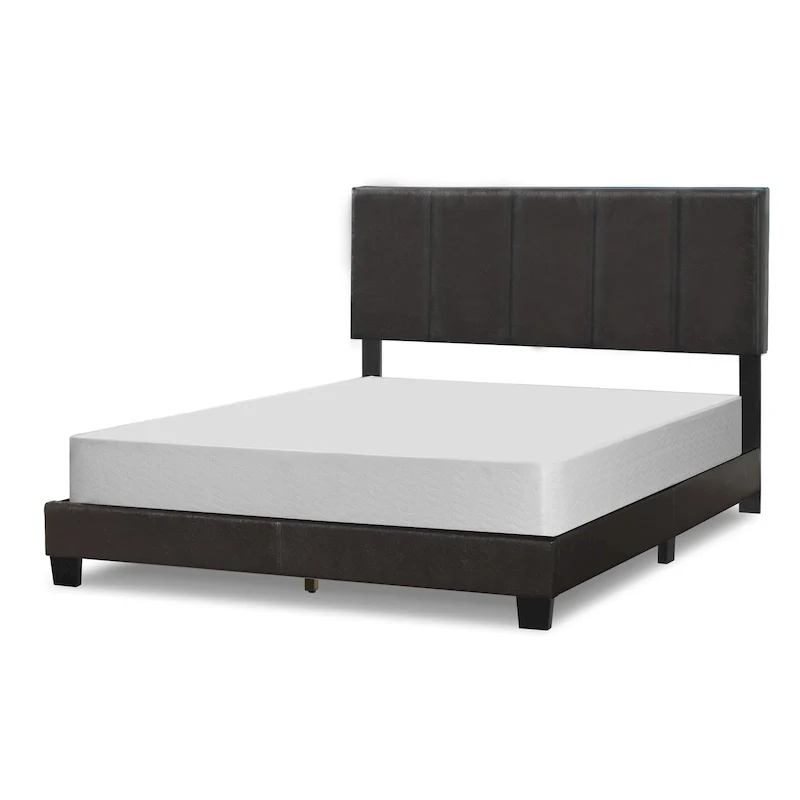 Black Brown Faux Leather Bed with Line Stitch Tufting