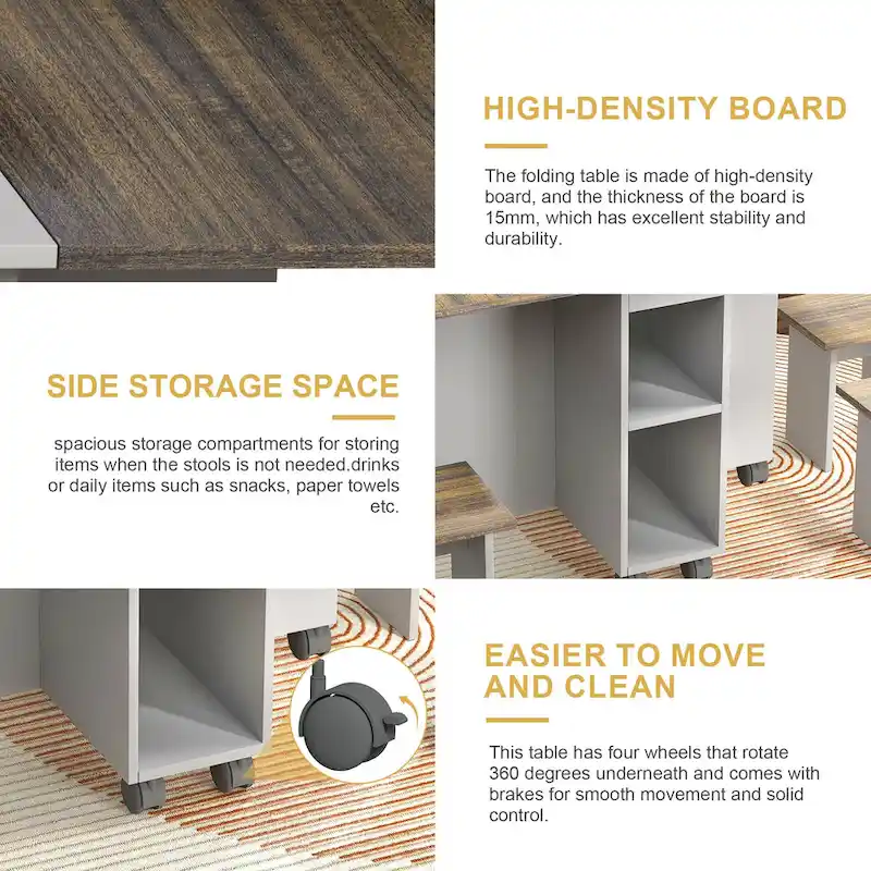 5 Pieces Rolling Wood Extendable Dining Table Set with 4 Chairs