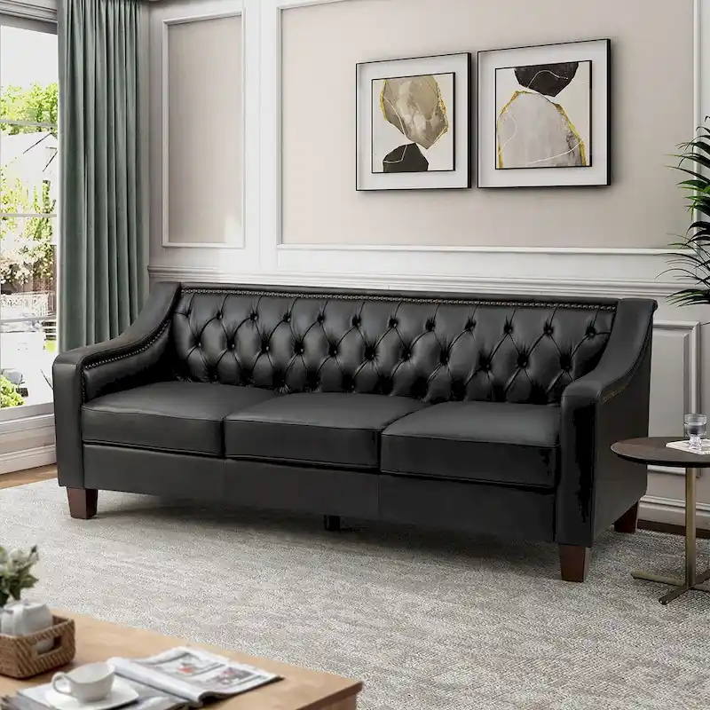 Mateo 82.28 Wide Transitional Genuine Leather Sofa with Nailhead Trim and Button-Tufted Back