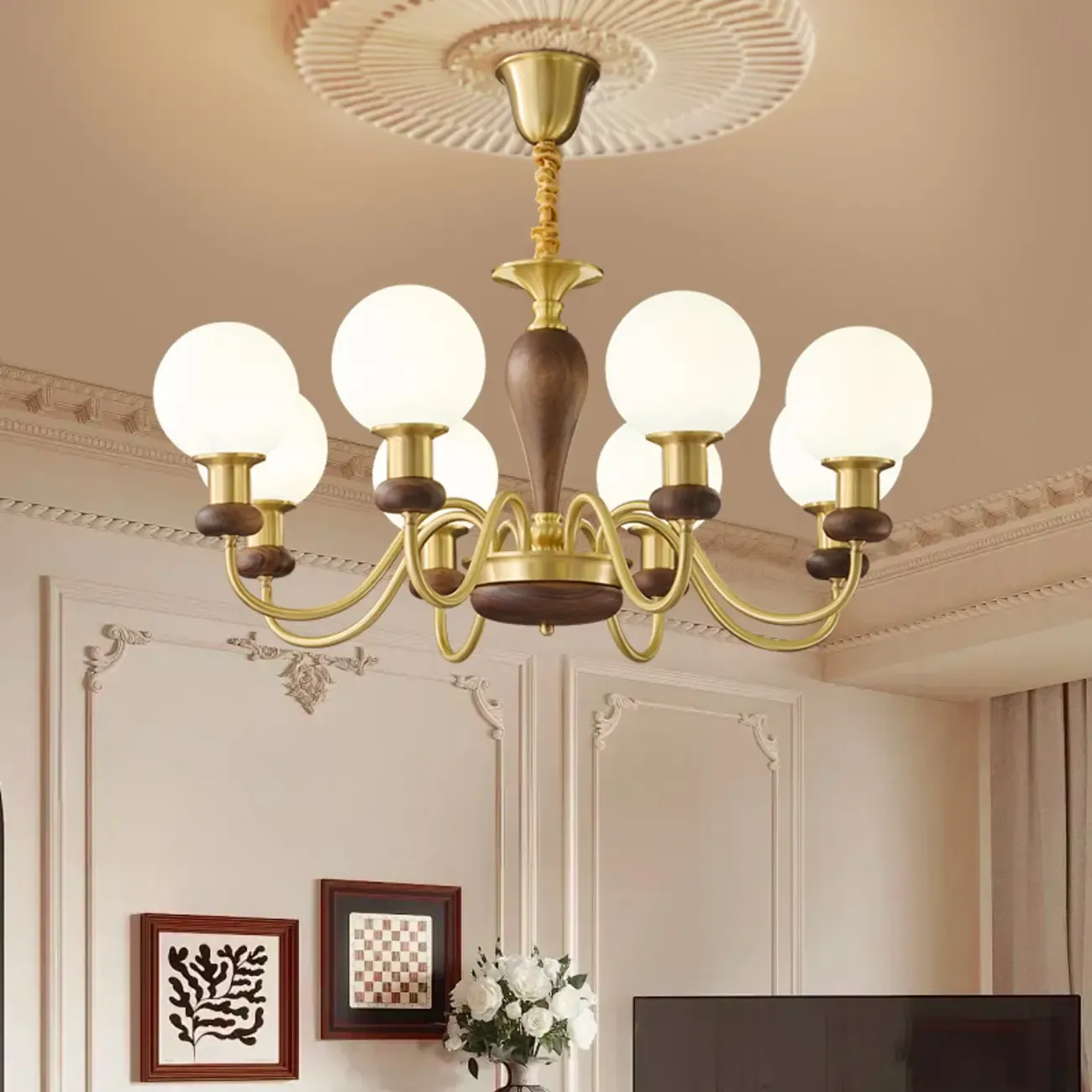 Mid-Century Brass Wood Chandelier with Globe Glass Shade