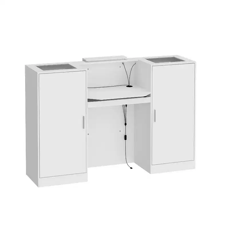 White Reception Desk Counter Table with Glass Display Shelves and LED