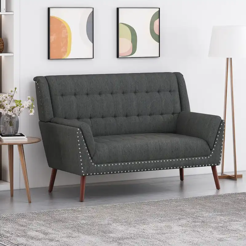 Mid-Century Modern Fabric Settee with Nailhead Trim