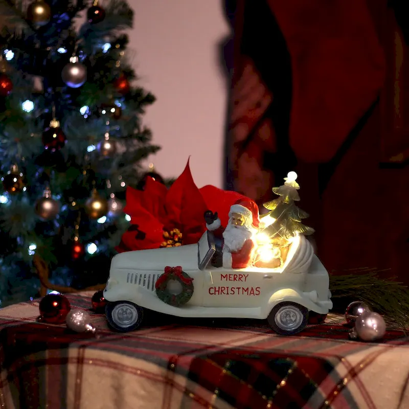Merry Christmas Santa in Vintage White Car Statue w/LEDs - 7  H