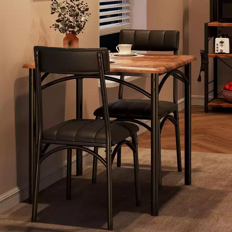 Modern Rustic Square Dining Set, 29.2' L x W 30.1' H Table, 33.7' 18.4' 17' Chairs, 2 Person, Metal & MDF, Easy Assembly, Space-Saving