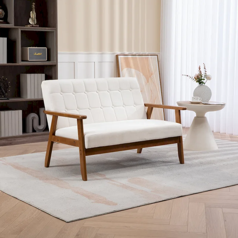 Mid-Century Linen/PU Upholstered Wood Frame Tufted Loveseat Sofa