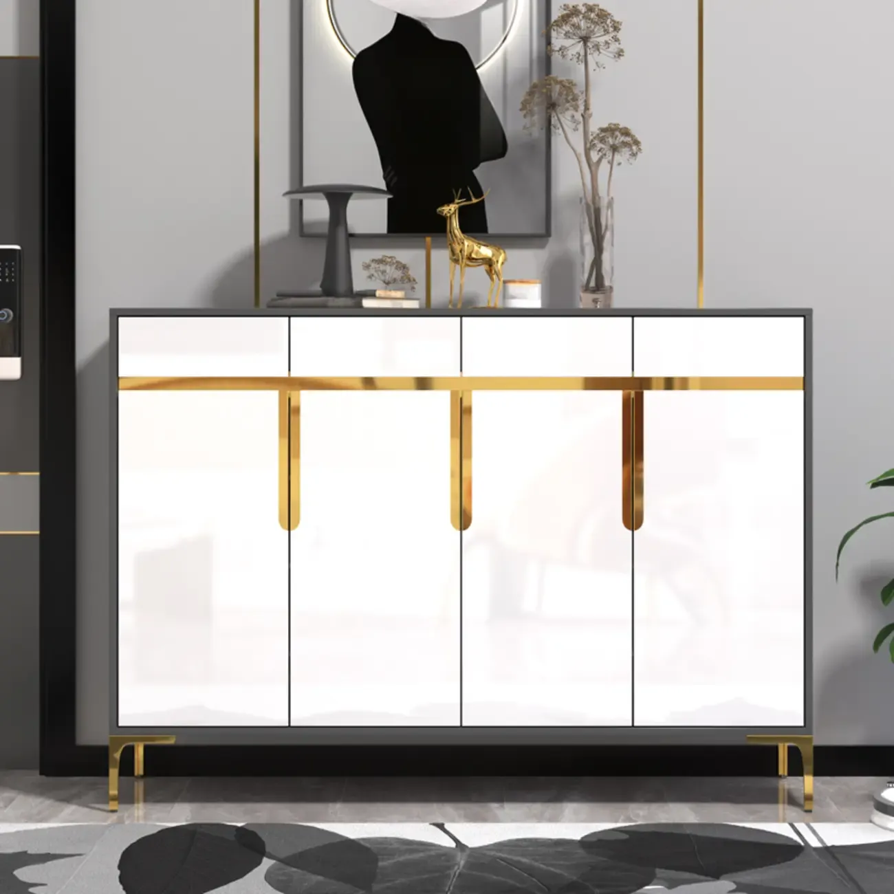 Entryway Wood Large Shoe Cabinet with Gold Accents