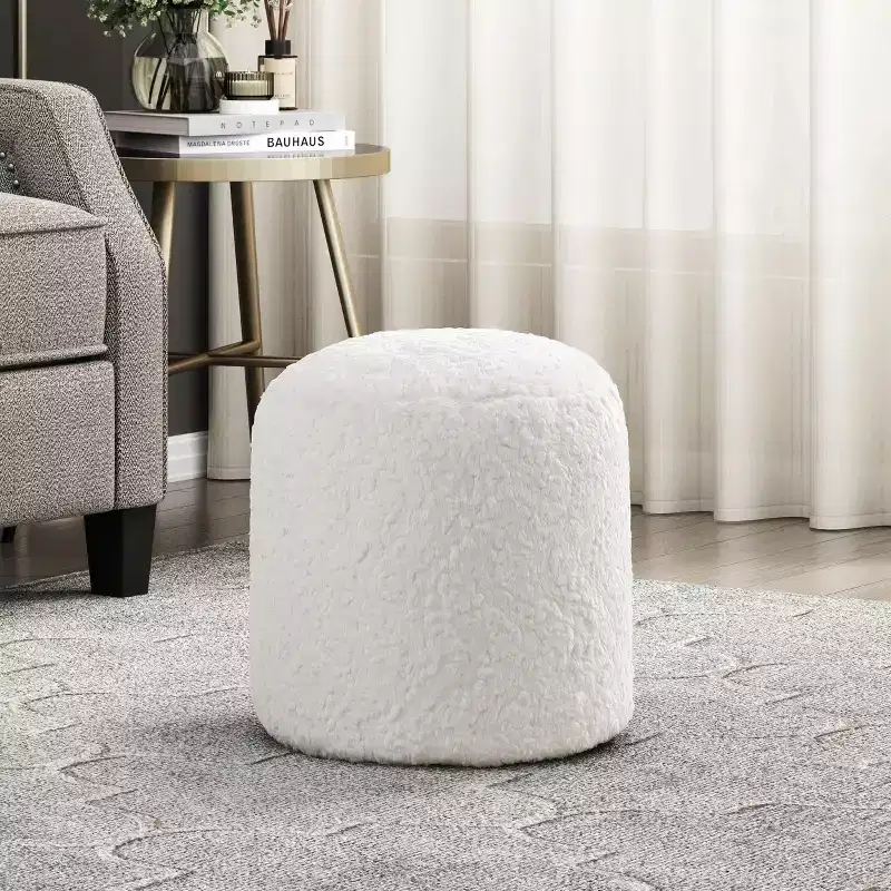 TUYOHW 17H Faux Fur Ottoman for Living Room,Round Footrest Stool Non-Slip Bean Bag Chair,300lbs Capacity,Off-White