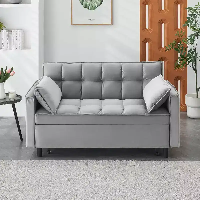 MAYEERTY Modern Velevt Loveseat Sleeper Sofa Couch Pull Out Bed with Toss Pillows Pockets for Living Room Bedroom Gray