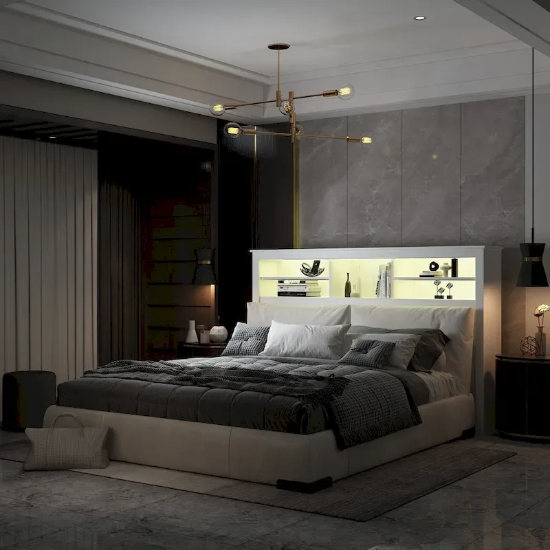 White Bookcase Headboard with RGB LED Lights and Adjustable Shelves – Queen, Single Bed