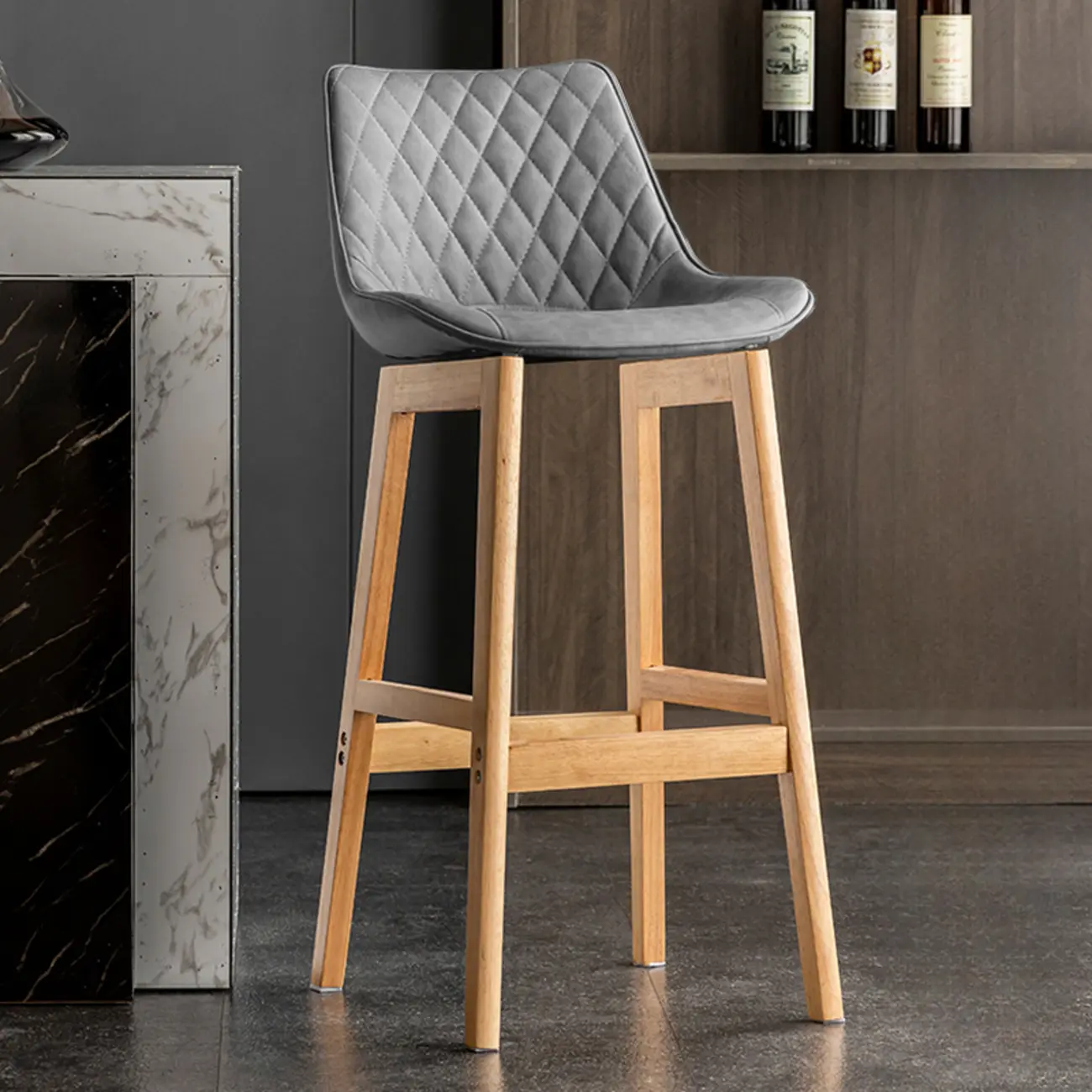 Mid-Century Modern Faux Leather Bar Stools with Wood Legs