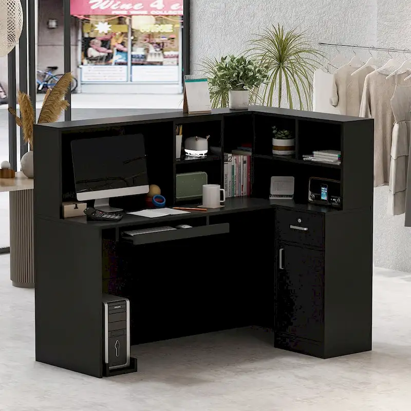 Timechee Reception Desk L-Shaped Counter Shelves Drawers Reception Table