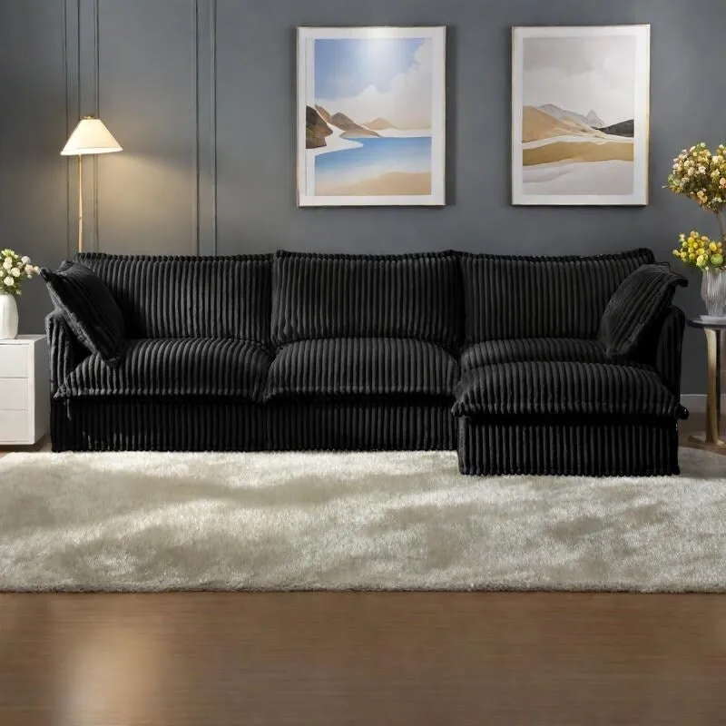 120 Corduroy L-Shaped 3-Seater Sectional with Convertible Ottoman, Removable Slipcover and Cloud-Like Cushions