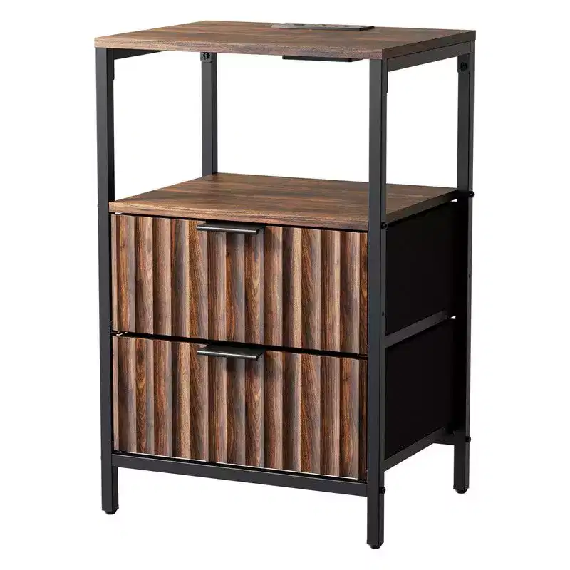 Karl Home 15 Inches Wide Nightstand - 2 Drawers, 1 Shelf, US Power Outlet - set of 2