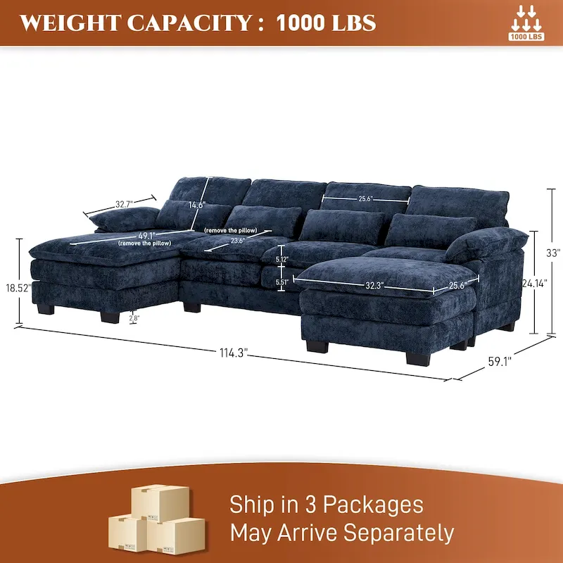 Ouyessir Soft Chenille Fabric U-shaped Sectional Sofa Set with Doudle Layer Cushion