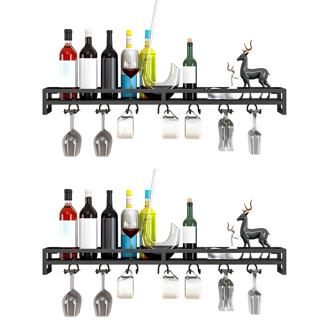 Floating Mount Metal Wine Glasses and Bottle Rack with Hook