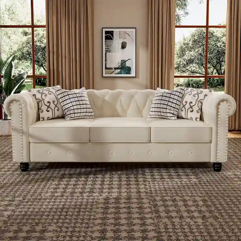 Morden Fort Velvet Upholstered Chesterfield Sofa with Nailhead and Solid Legs for Living Room