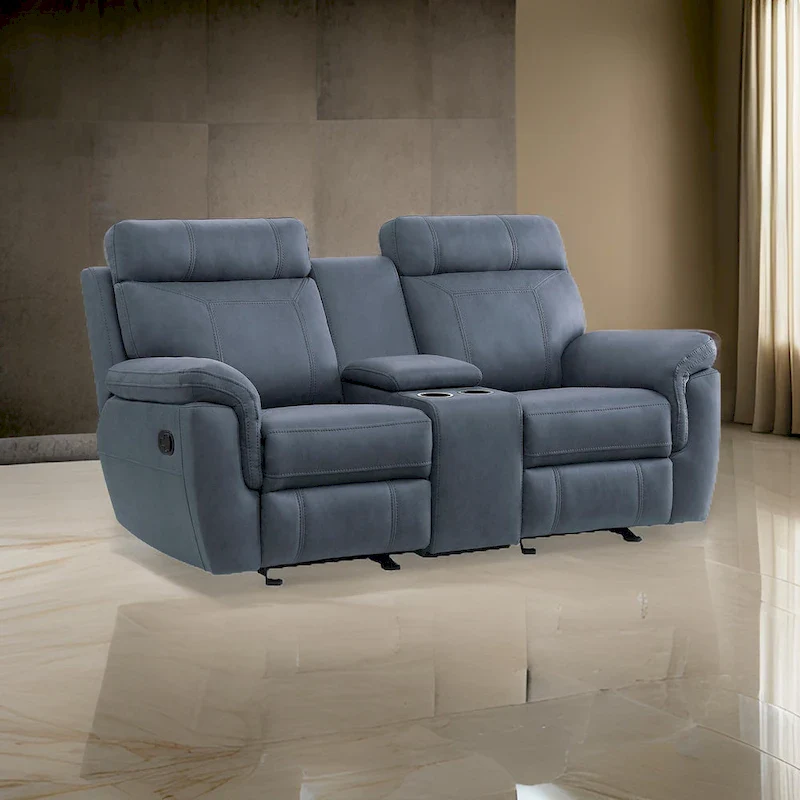 76-Inch Manual Glider Reclining Loveseat in Blue Microfiber with Solid Wood Frame
