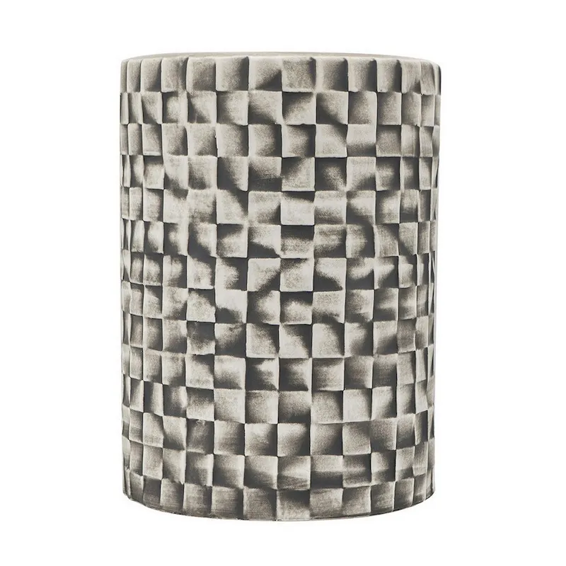 18 Inch Stool Table, Ceramic, Cylindrical, Textured Geometry, Outdoor, Gray