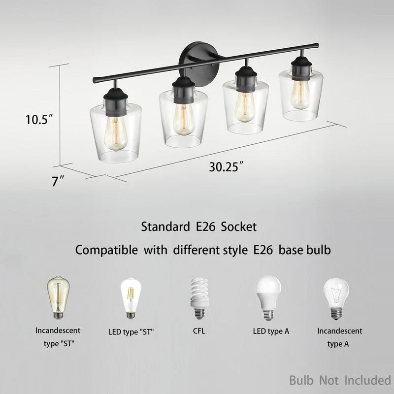 KAWOTI 4-Light Dimmable Metal Bathroom Vanity Light with Glass Shade