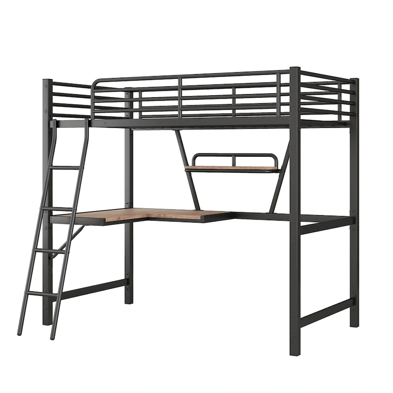 Twin Metal Loft Bed with Desk and Guardrail