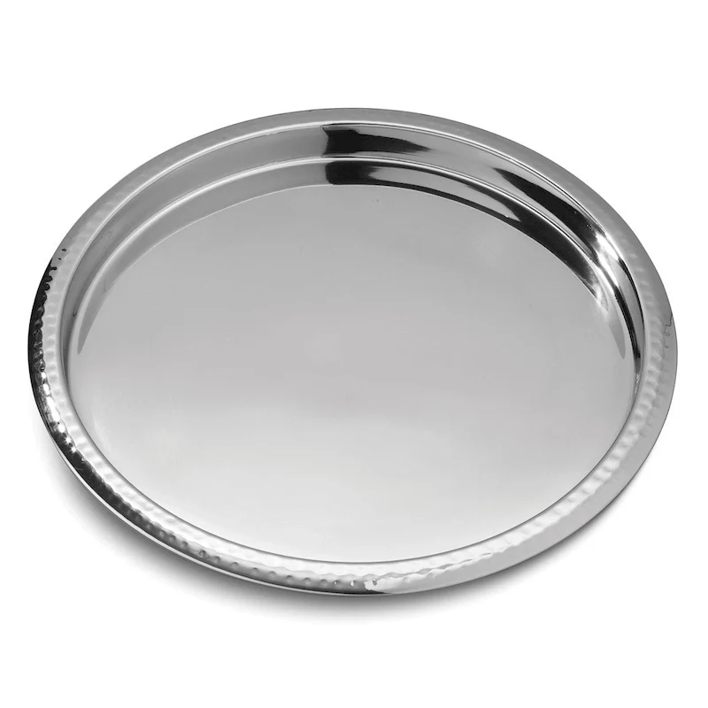 Curata Stainless Steel 14 Inch Round Bar Tray with Hammered Rim