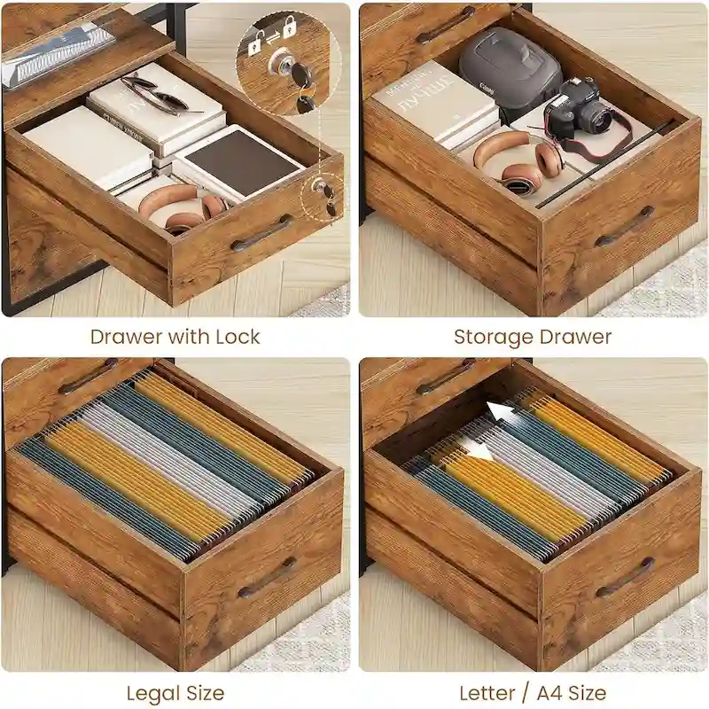 LED Computer Desk With Lock Drawers Keyboard Tray Power Outlet