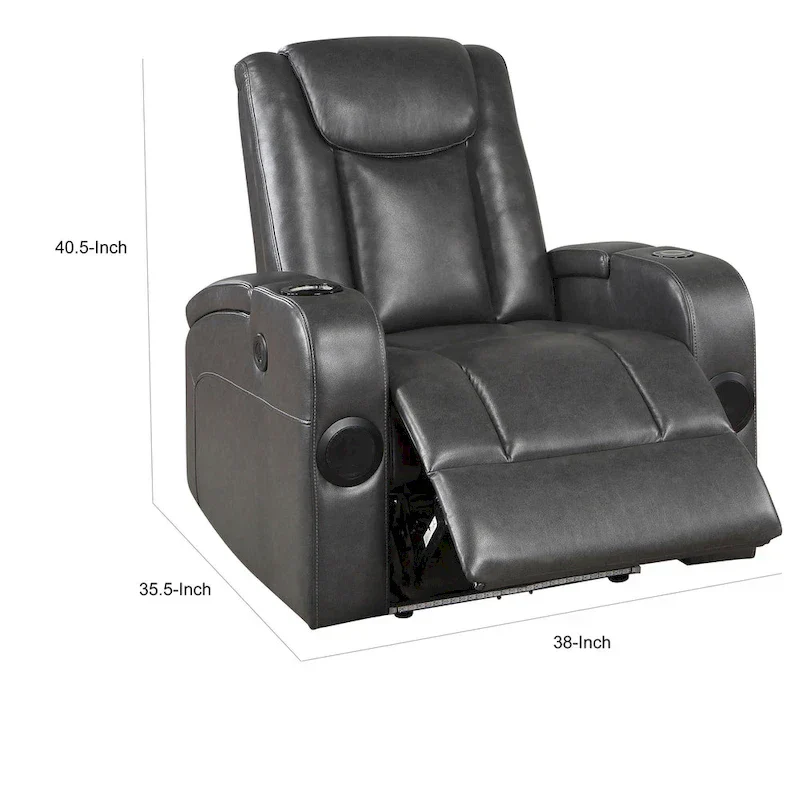 Emily 38 Inch Power Recliner Chair, Cooling Cupholder, LED, Gray PU Leather