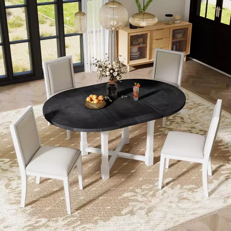 Merax Farmhouse Style Kitchen Table with Removable Leaf & Upholstered Chairs