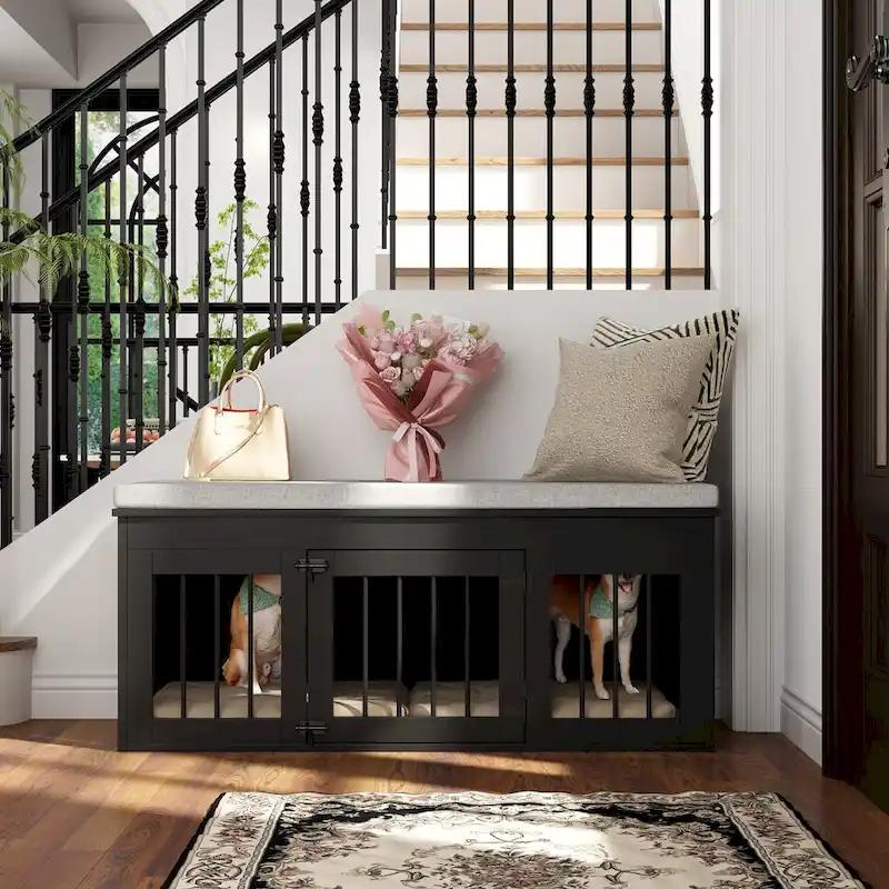Chic Pet Haven: Luxe Wooden Dog Crate & Designer Home Bench - 47.2